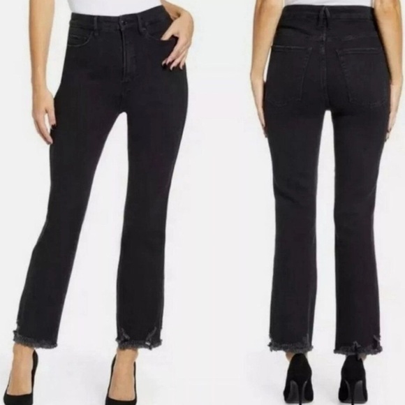 Good American Good Curve Straight Jeans Size 20 Black Raw Hem High Rise Stretch - Picture 1 of 10